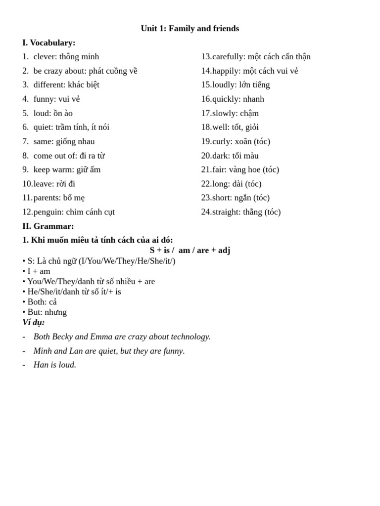 Unit 1: Family and Friends I. Vocabulary | PDF