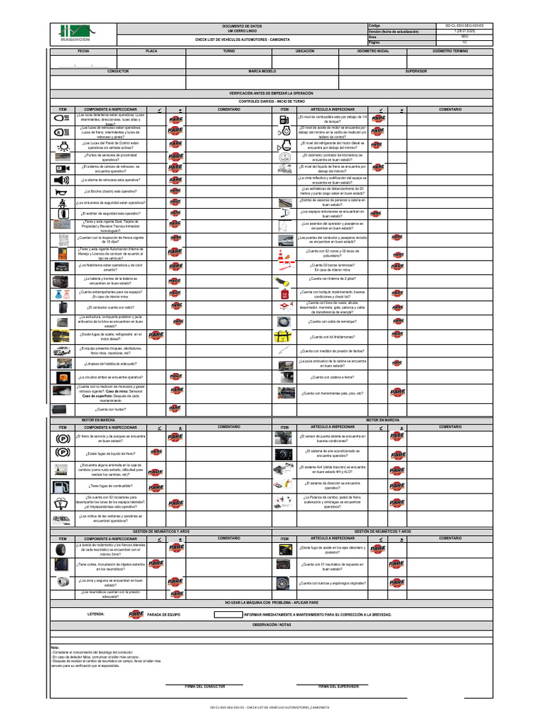DD CL Sso Seg 025 Es Check List de Vehículo Automotores - Camioneta ...