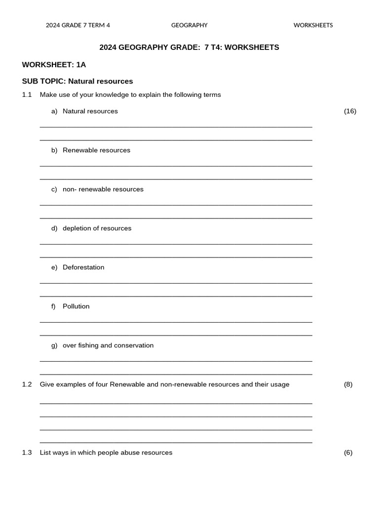 Grade 7 Geography Natural Resources Worksheets | PDF | Renewable ...