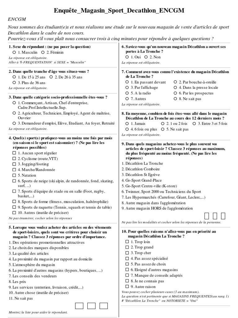 Questionnaire Decathlon Commerce de détail Des sports