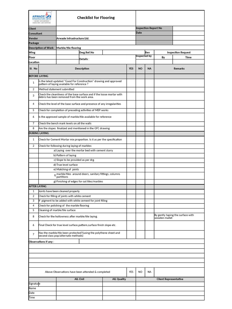 Flooring Inspection Checklist Guide | PDF | Tile | Materials