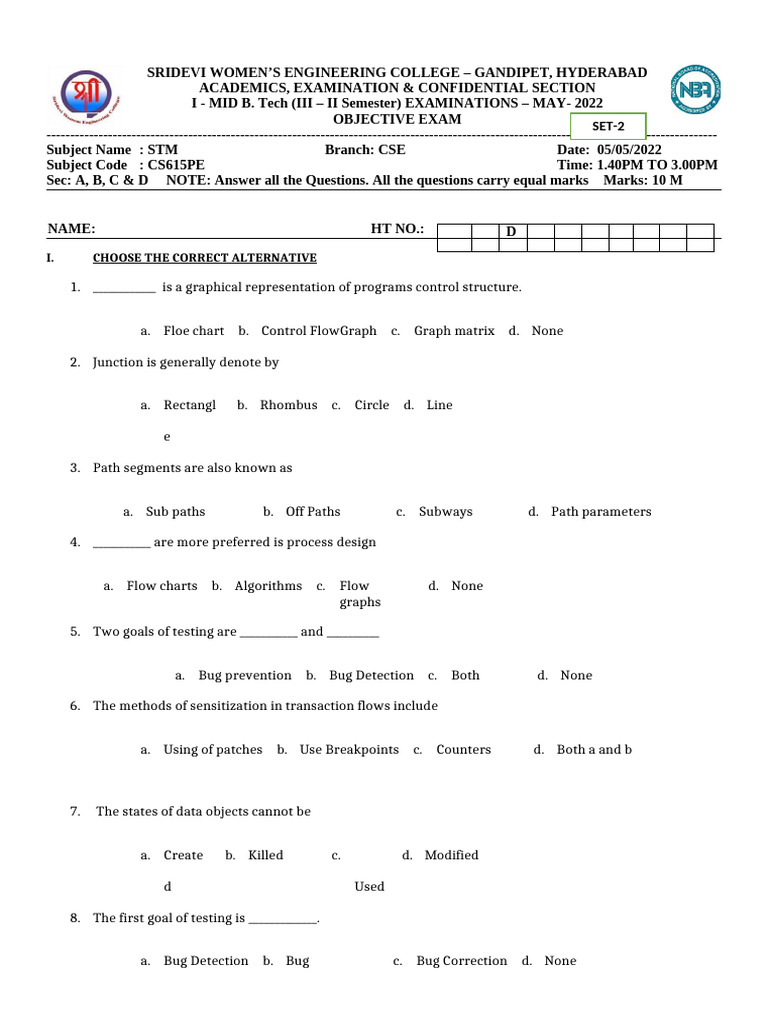 STM Bits Question Paper Set-2 | PDF | Software Engineering | Applied ...