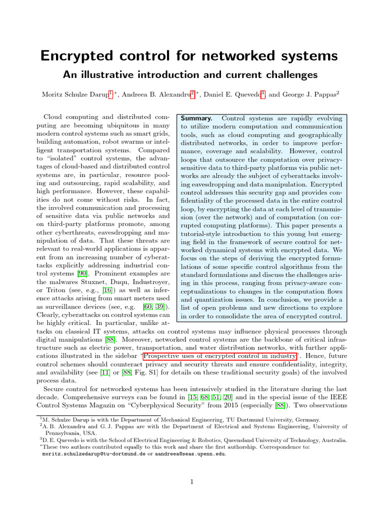 Encrypted Control For Networked Systems | PDF | Encryption | Computing