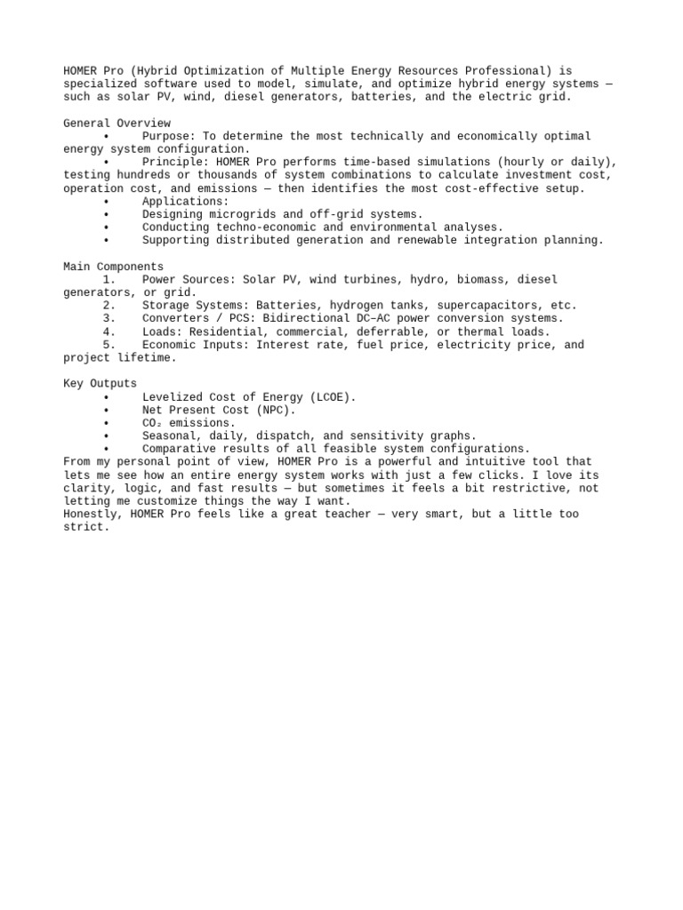 HOMER Pro: Optimize Hybrid Energy Systems | PDF