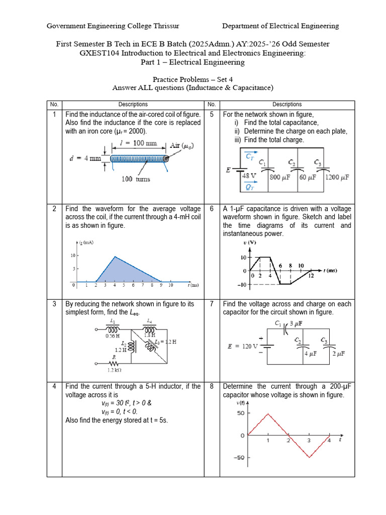 Practice Problems - Set 4 - Inductances & Capacitances | PDF