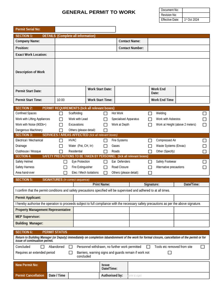 General Work Permit Template | PDF | Occupational Safety And Health ...