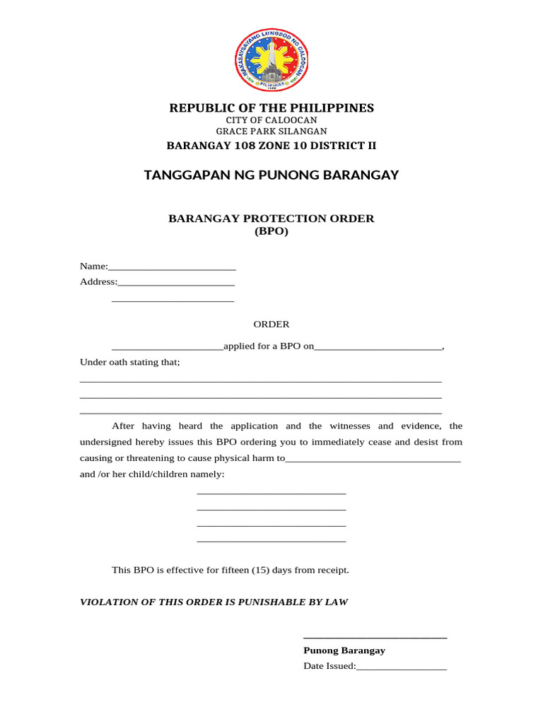 Barangay Protection Order Template | PDF