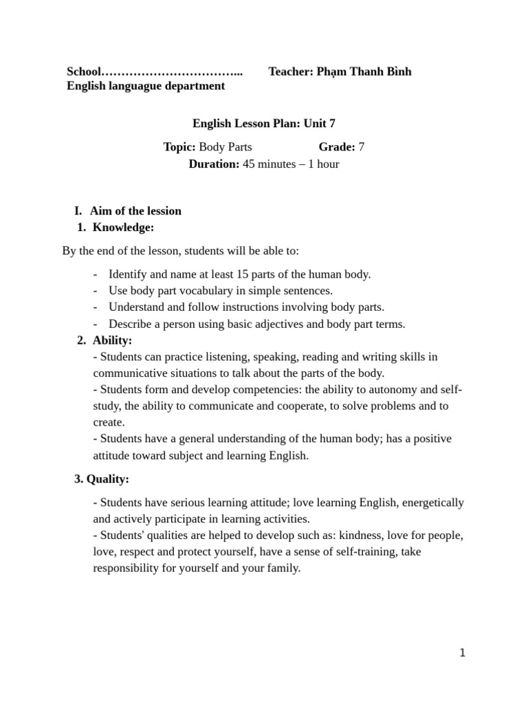 Grade 7 English Lesson Plan: Body Parts | PDF | Vocabulary | English ...