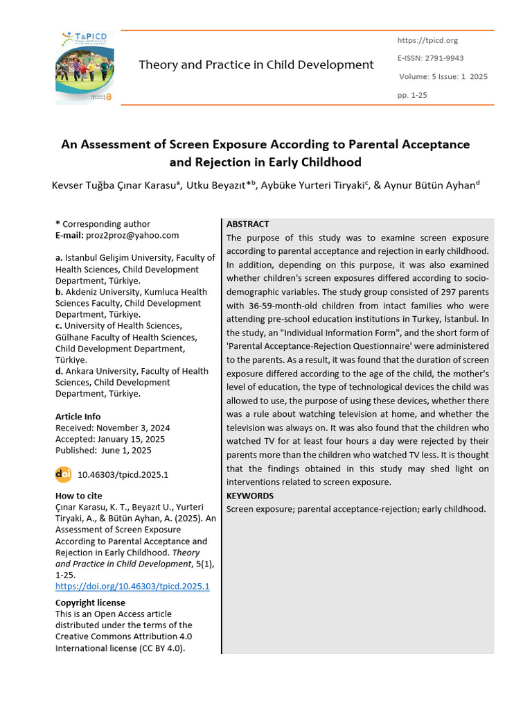 Screen Exposure According To Parental Acceptance and Rejection in Early ...