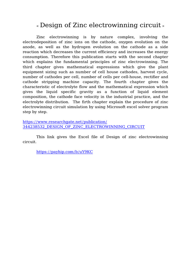 Design of Zinc Electrowinning Circuit - Excel File | PDF