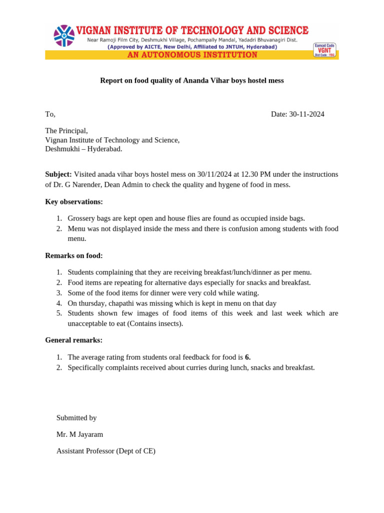 Ananda Vihar Hostel Mess Food Quality Report | PDF