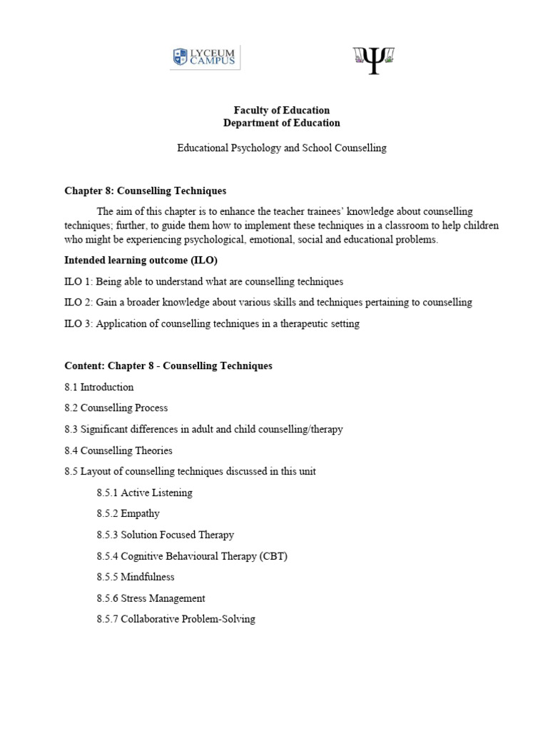 Counselling Techniques for Educators | PDF | Psychotherapy | Cognitive ...