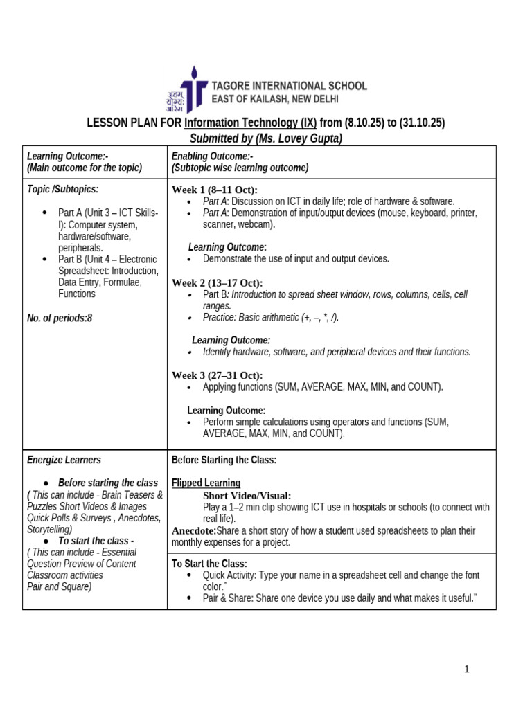 IT Lesson Plan: ICT & Spreadsheets | PDF | Spreadsheet | Educational ...