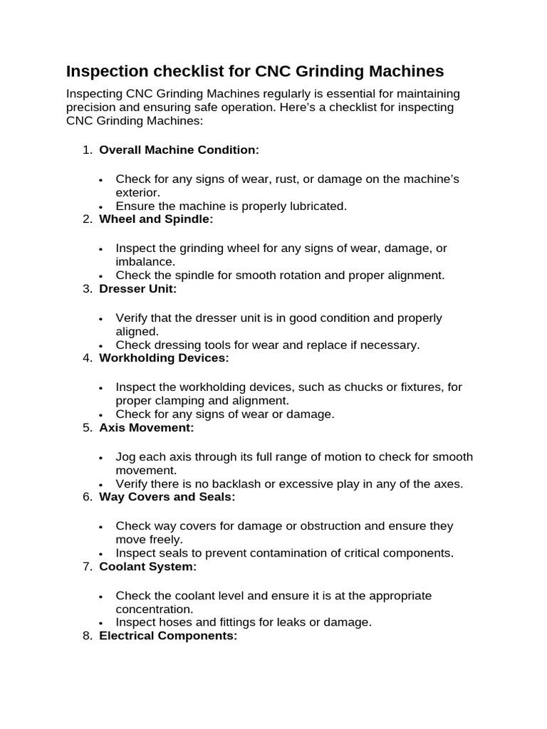 CNC Grinding Machine Inspection Checklist | PDF