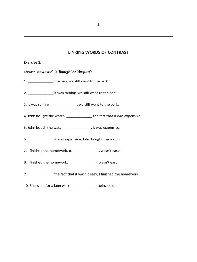 Contrast Linking Words Exercises | PDF