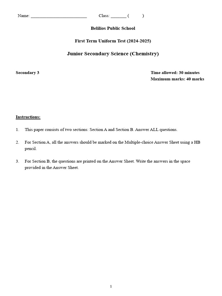 24-25 S3 JSSC 1st UT Question Paper | PDF | Atoms | Chemical Elements