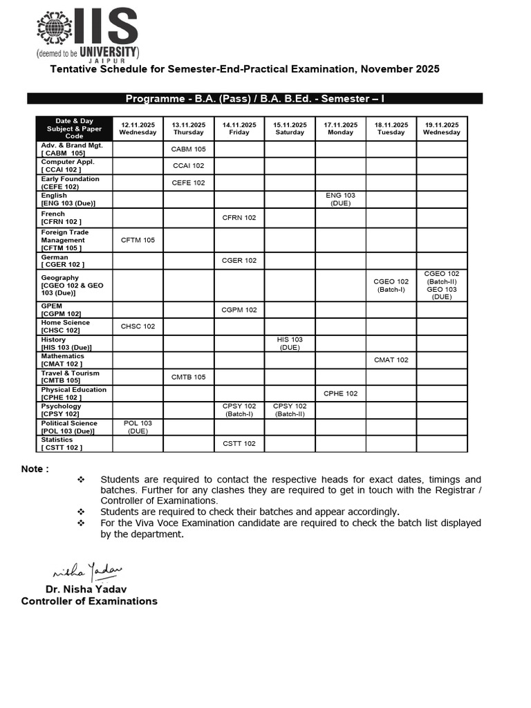 Semester-End Practical Exam Schedule | PDF | Thesis | Science