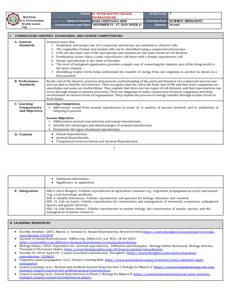 Grade 7 Science: Reproduction Lesson Plan | PDF | Reproduction | Grafting