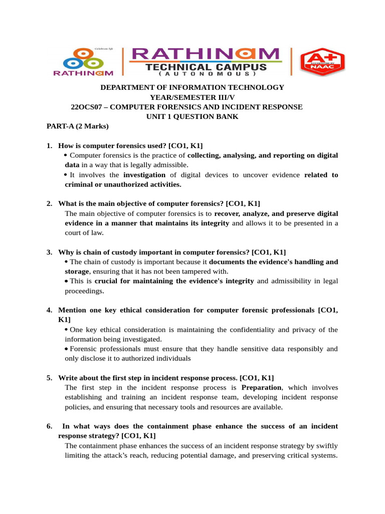 UNIT 1 Computer Forensics and Incident Response QUESTION BANK | PDF ...