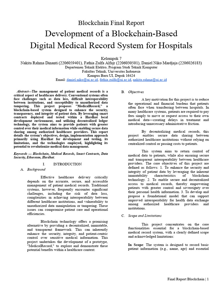 Blockchain Medical Record System Report | PDF | Electronic Health ...