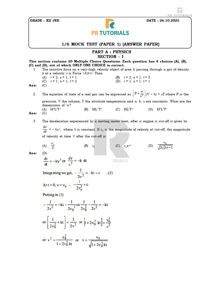Physics Mock Test for JEE XII Students | PDF | Force | Friction