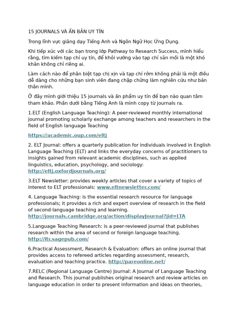 15 Reputable Journals for ELT Research | PDF | English As A Second Or ...