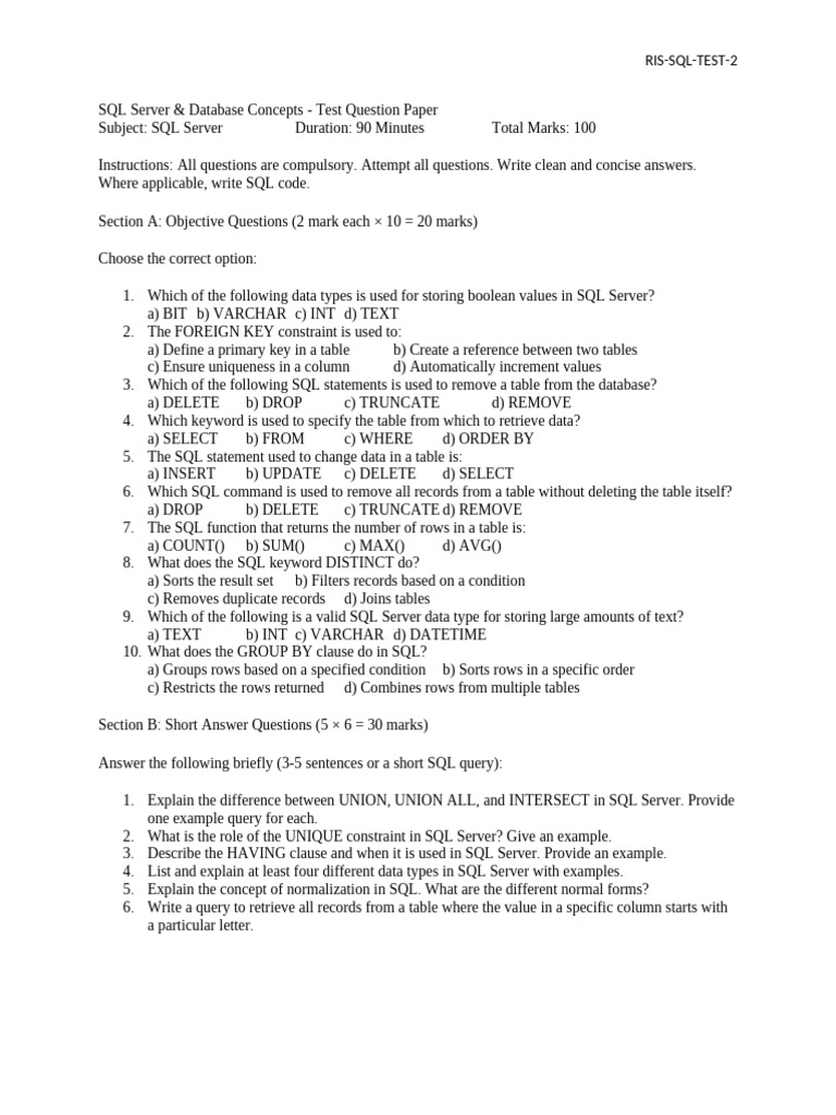 SQL Server Concepts Test Paper | PDF | Sql | Microsoft Sql Server