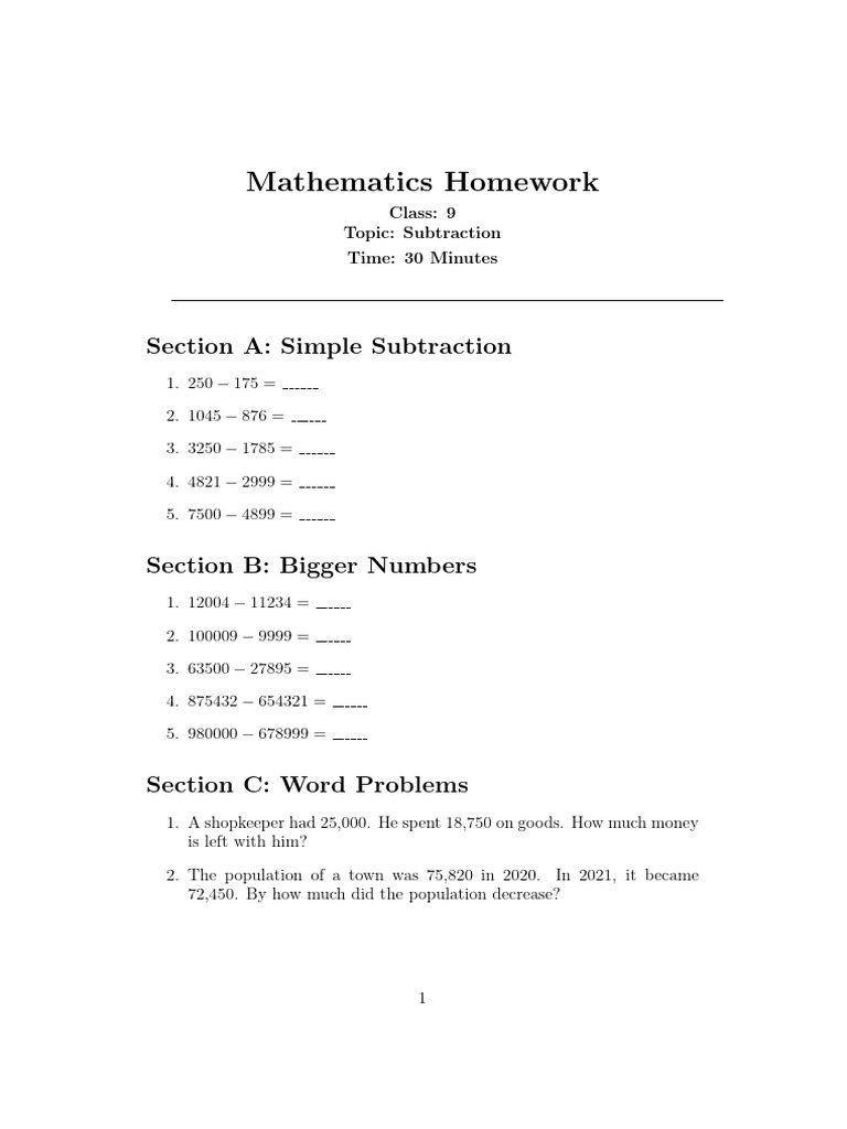 9th Grade Subtraction Homework | PDF