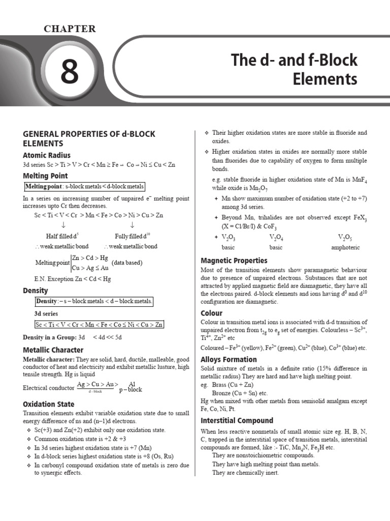 D and F Block Elements - Short Notes | PDF | Transition Metals | Materials