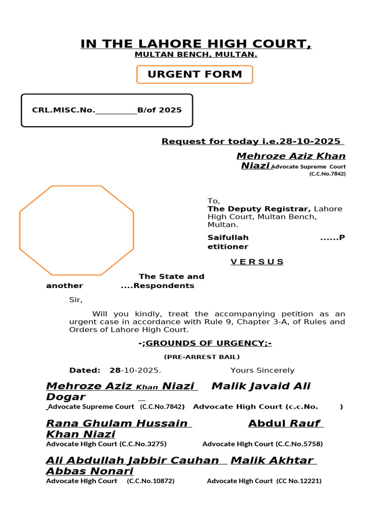 Pre-Arrest Bail Petition in Lahore High Court | PDF | Bail | Justice