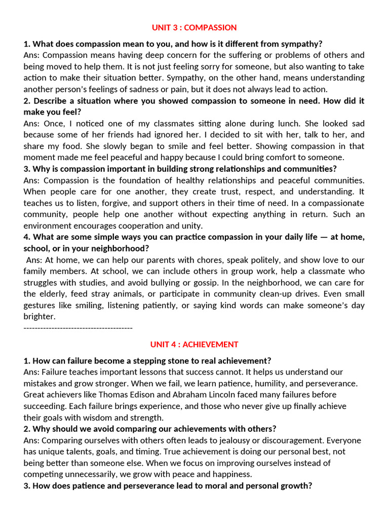 V Ed Notes Lesson 3 and 4 | PDF | Compassion | Patience