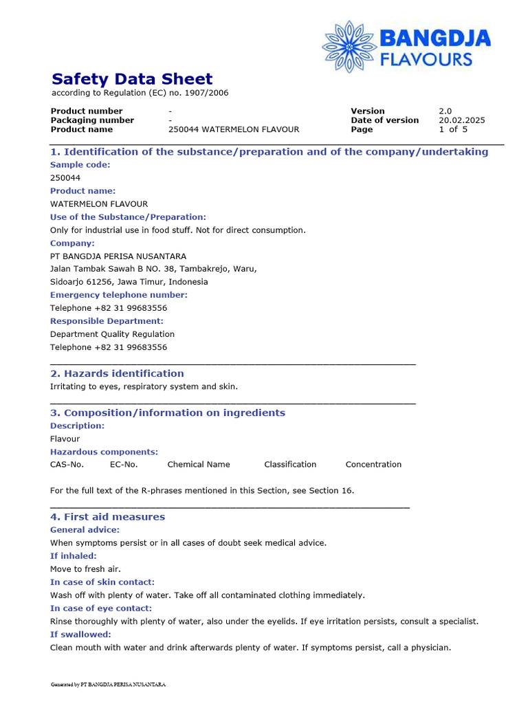 Watermelon Flavour Safety Data Sheet | PDF | Personal Protective ...