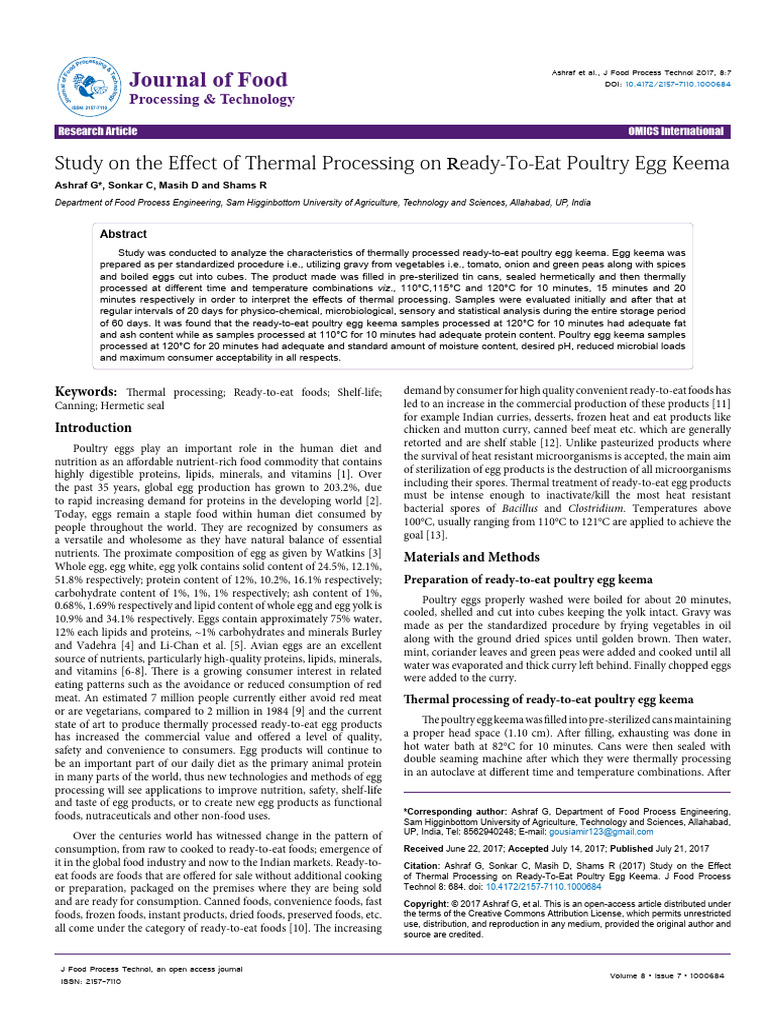 Study On The Effect of Thermal Processing On Ready-To-Eat Poultry Egg ...