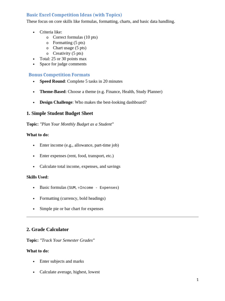 Excel Competition Ideas for Students | PDF | Fuel Economy In Automobiles