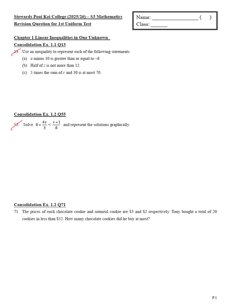 2526 Revision Question for S3 1st UT | PDF | Mathematics | Mathematical ...