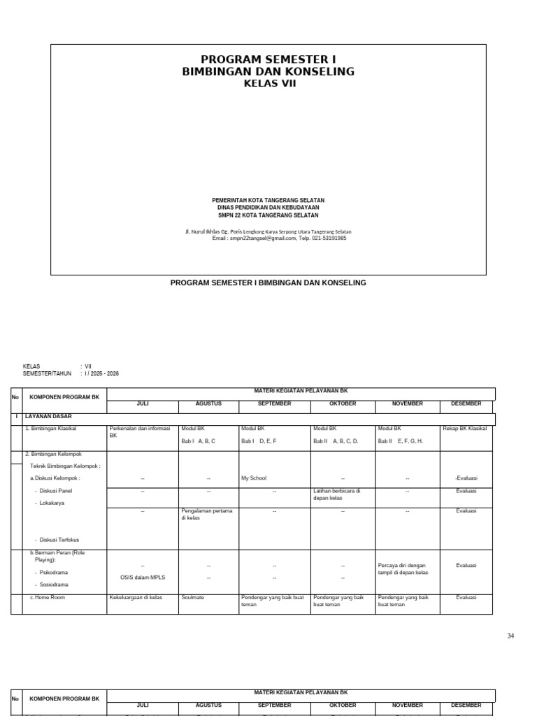 Program BK Kelas VII Semester I 2025 | PDF