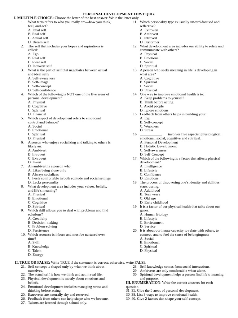 Personal Development First Quiz 25-26 | PDF | Self Concept ...