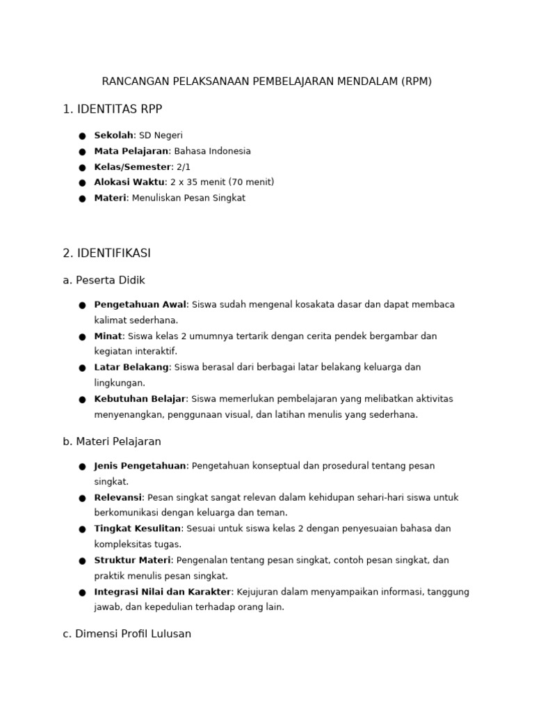 RPP Menulis Pesan Singkat Kelas 2 SD | PDF