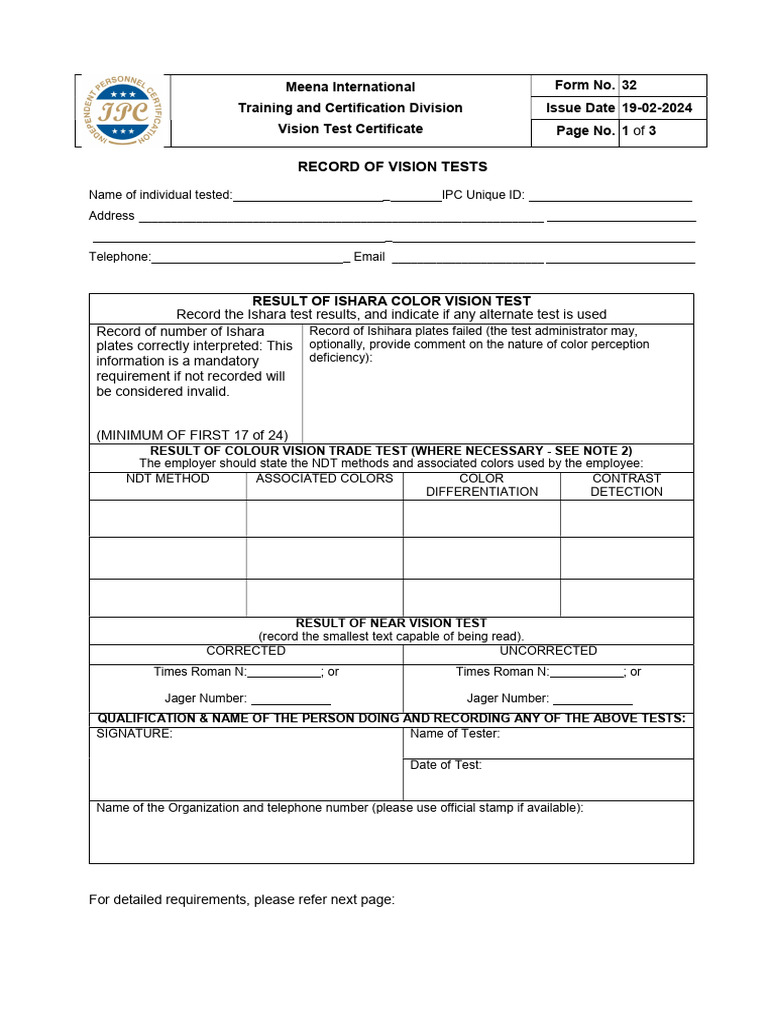 Vision Test Certification Form 32 | PDF | Nondestructive Testing