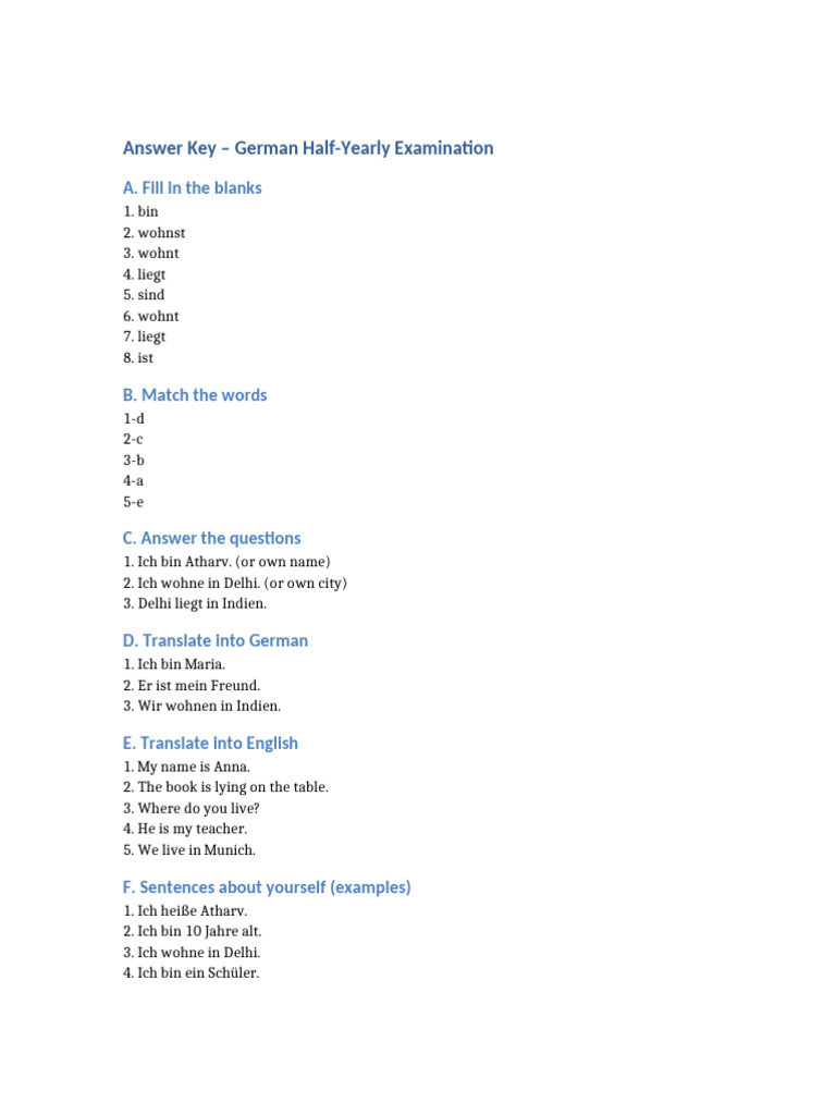 German Half Yearly Exam AnswerKey | PDF