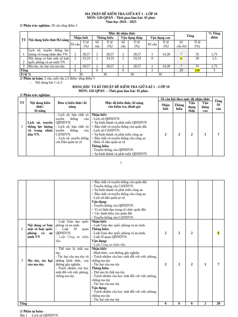 QPAN 10 Ma Tran KT Giua Ky 1 | PDF