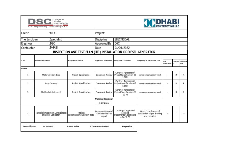 Diesel Generator Installation ITP | PDF | Specification (Technical ...