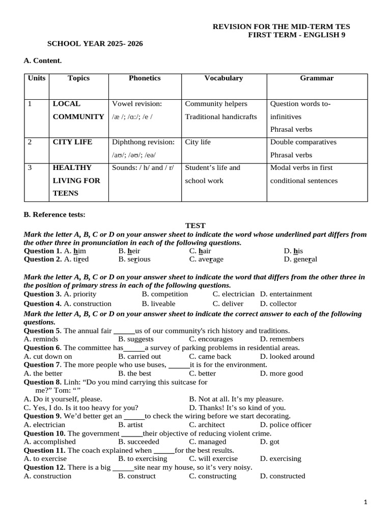 English 9 Mid-Term Test Revision Guide | PDF | English Language ...