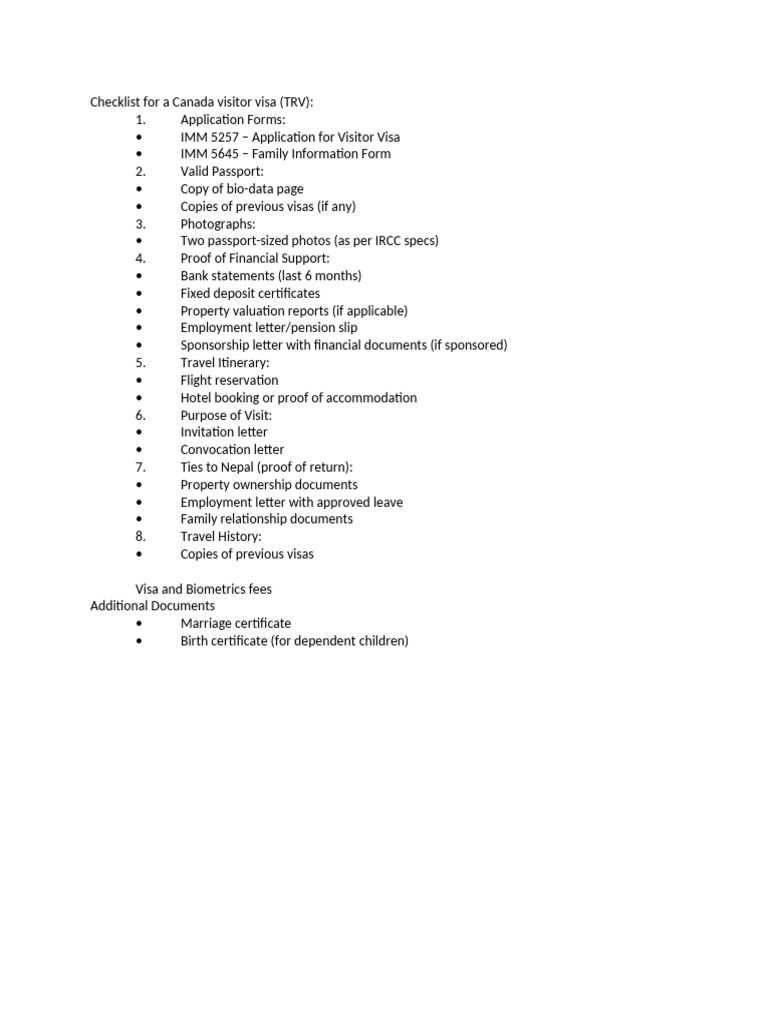 Canada Visitor Visa Checklist (TRV) | PDF