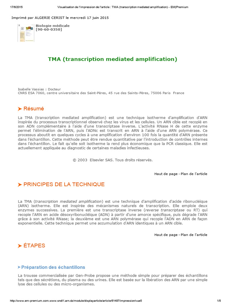 Amplification par TMA en biologie médicale | PDF | Répertoire national ...