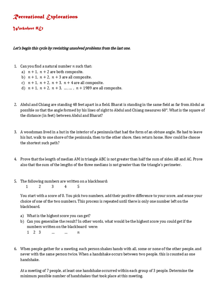 Recreational Math Problem Worksheets | PDF | Rectangle | Numbers