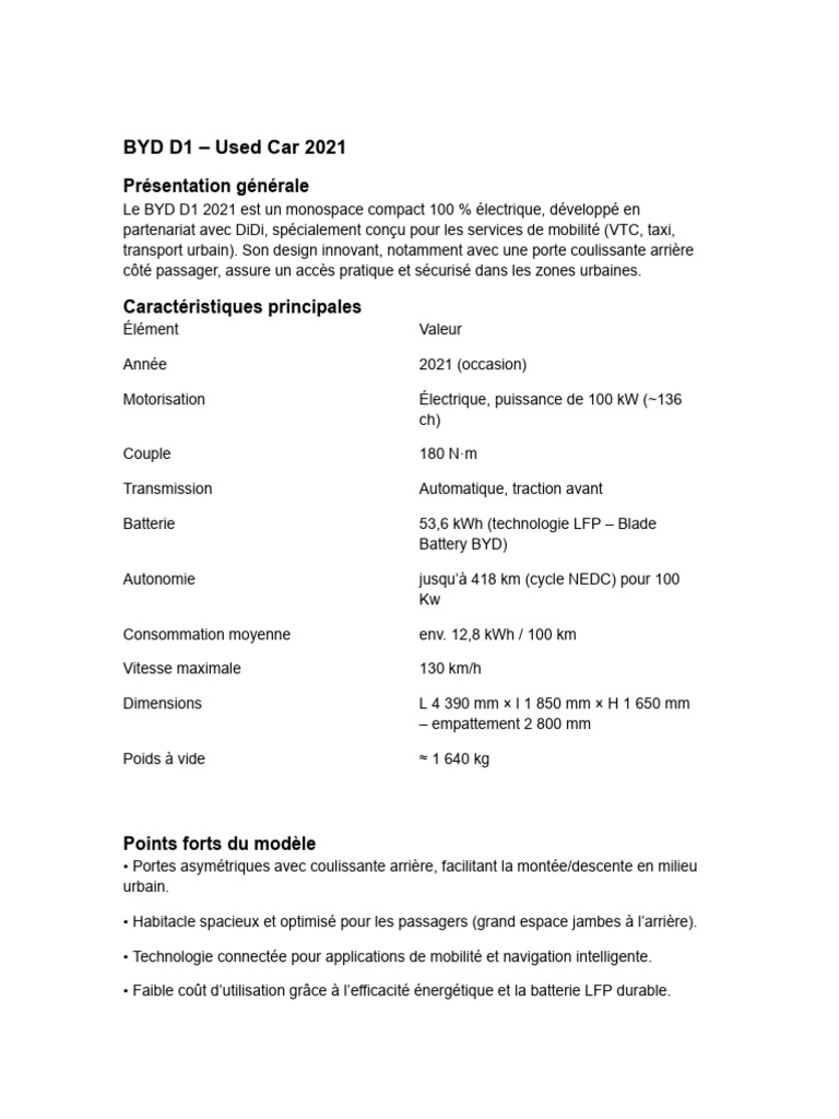BYD D1 2021 : Monospace Électrique VTC | PDF | Véhicule électrique ...