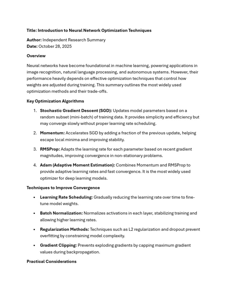 Introduction To Neural Network Optimization Techniques Pdf