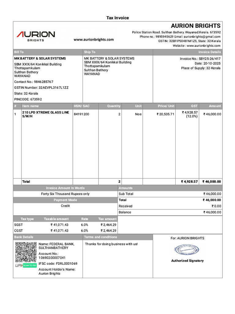Invoice for Solar System Purchase | PDF | Payments | Taxes