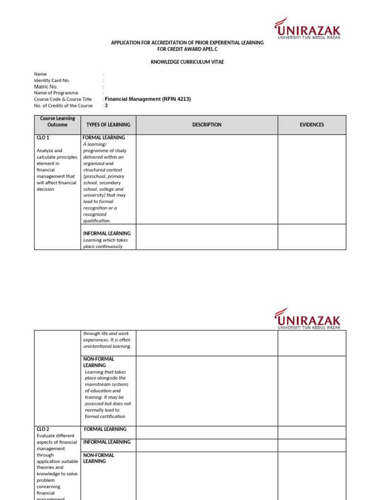 APEL Application for Financial Management Credits | PDF